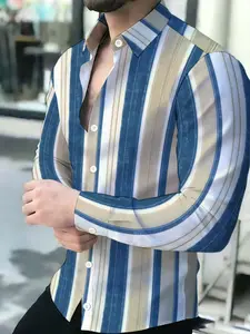 Men's Blue Beige Striped Long Sleeve Shirt