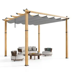 Garvee 10x10 ft Aluminum Pergola with Retractable Canopy, Imitation Wood Grain Appearance, Modern Metal Patio Pergola for Garden Backyard Deck Grape Trellis Porch, Grey