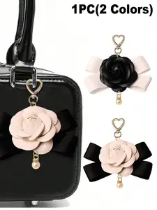 Elegant Ladies Camellia Bow Sparkly Bag Charm, PU Leather Camellia Butterfly Keychain/ring, Faux Pearl Pendant, Gold Heart Spring Chain