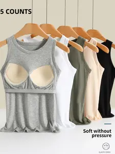 Women's Wide Strap Knitted Tank Tops with Built in Pads, Casual Slim Fit Sleeveless Underwear for All Seasons, Long Length and Comfortable Breathable Fabric，Perfect for Daily activities or Going out