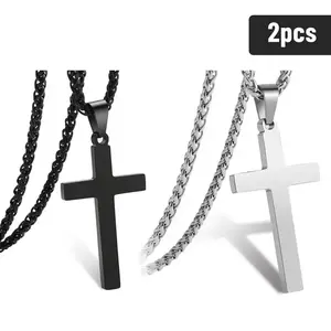 2pcs Cross Necklace for Men, Silver Black Cross Chain Necklace, Stainless Steel Cross Pendant Jewelry Gifts for Men 22 Inches
