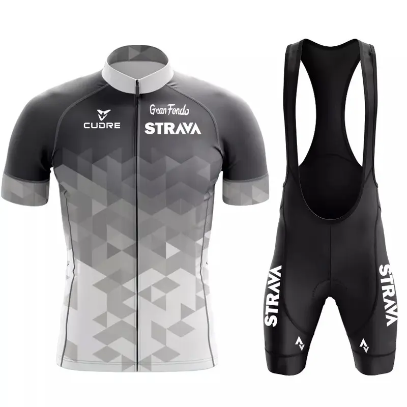 Men's Fitted Short-Sleeved Cycling Suit - Strava Zip Branding, Tailored Cut, Full-Zip Front, Stretchy Breathable Sweat-Wicking Fabric, Graphic Jersey Set for Road Racing & Mountain Biking, Sports Sets