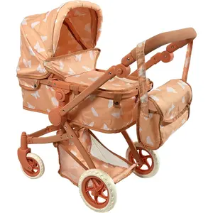 Convertible Combo Baby Doll Stroller for 3 Year Old Girls & Up |   Play Toy Baby Stroller for Dolls, Folding Adjustable Bassinet Carriage Buggy with Storage Basket (Beige Butterfly)