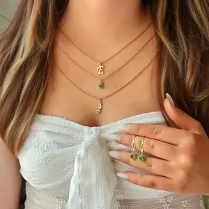 18K Gold Plated Personalized Gold Layered 3 Pcs Birthstone Necklace With Earrings, Custom Birth Stones, Birth Flowers, And Initial