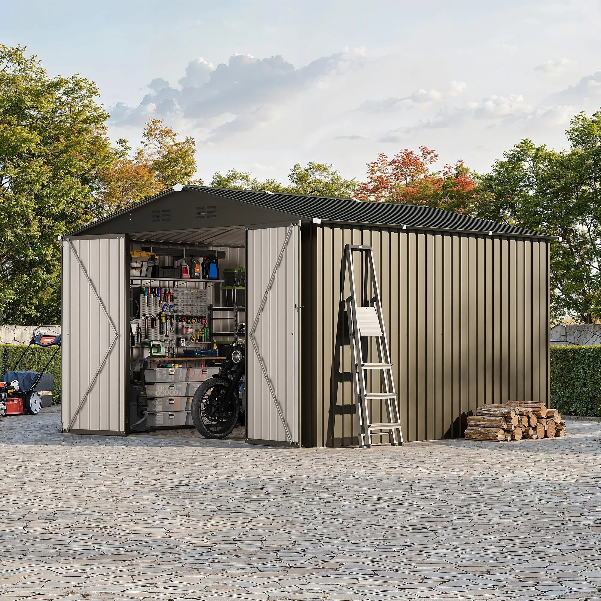 10x12 FT Large Outdoor Metal Storage Shed, Peaked Roof with Cross Windows & Lockable Door, All Weather Secure Garden Shed, Spacious Storage for Lawn Mower, Bikes and Gardening Tools