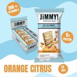 JiMMYBAR! Immune Orange Citrus Protein Bar - 300% Vitamin C, 9g Protein, Peanut Free, Gluten-Free, 12 Count Box, 5 Immune Boosting Ingredients