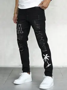 Jeans For Men Black Denim Pants Slim Fit Embroidery Ripped Streetwear Casual Summer Outfits Straight Leg Trousers Y2k Clothing