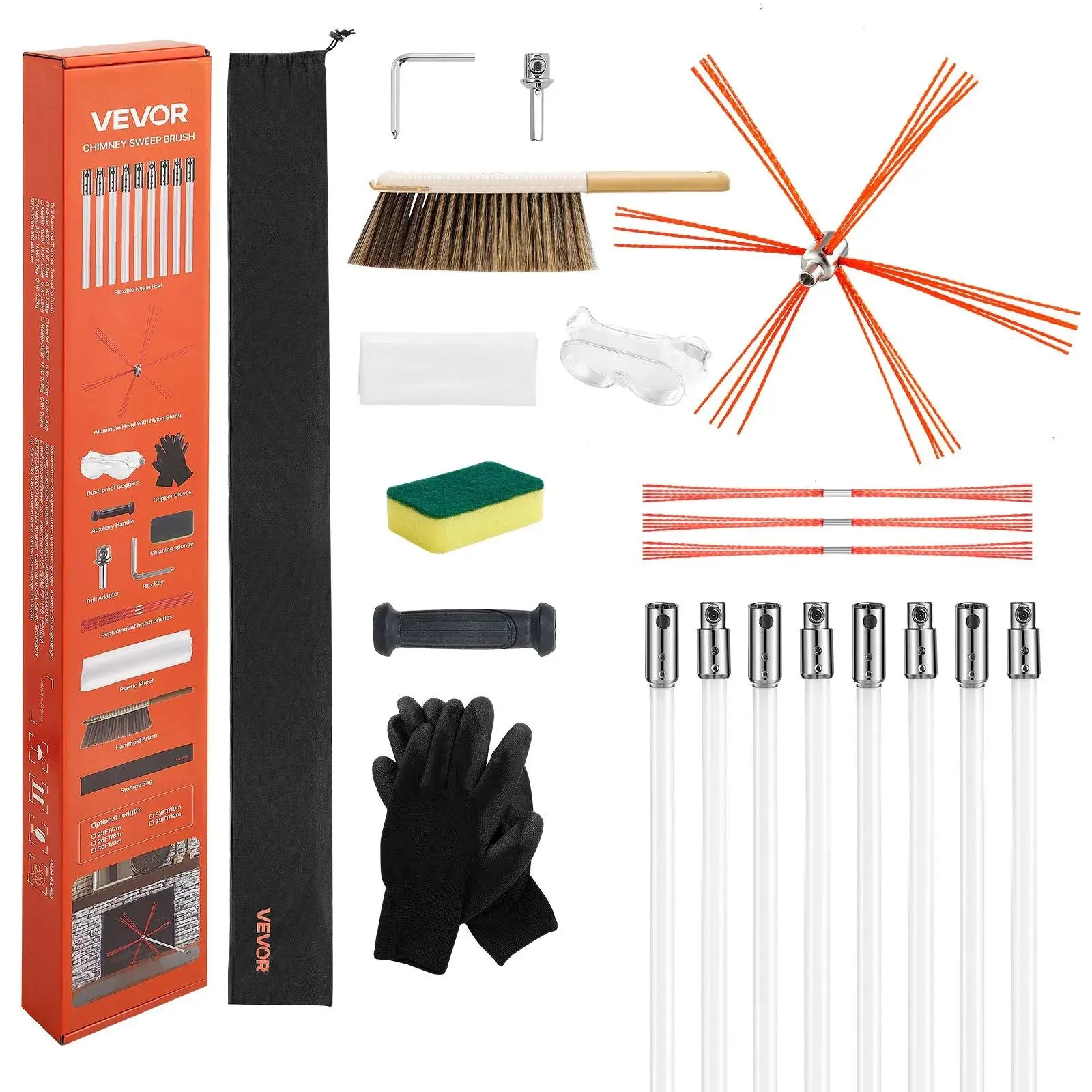 【summerfinds】VEVOR Chimney Sweep Kit, 26 ft Maximum Extendable Length Chimney Brush, Chimneys Cleaning Kit with Bristle Replacements & Goggles, 90° Bendable Fireplace Cleaning Tool, for Square, Rectangle Chimneys