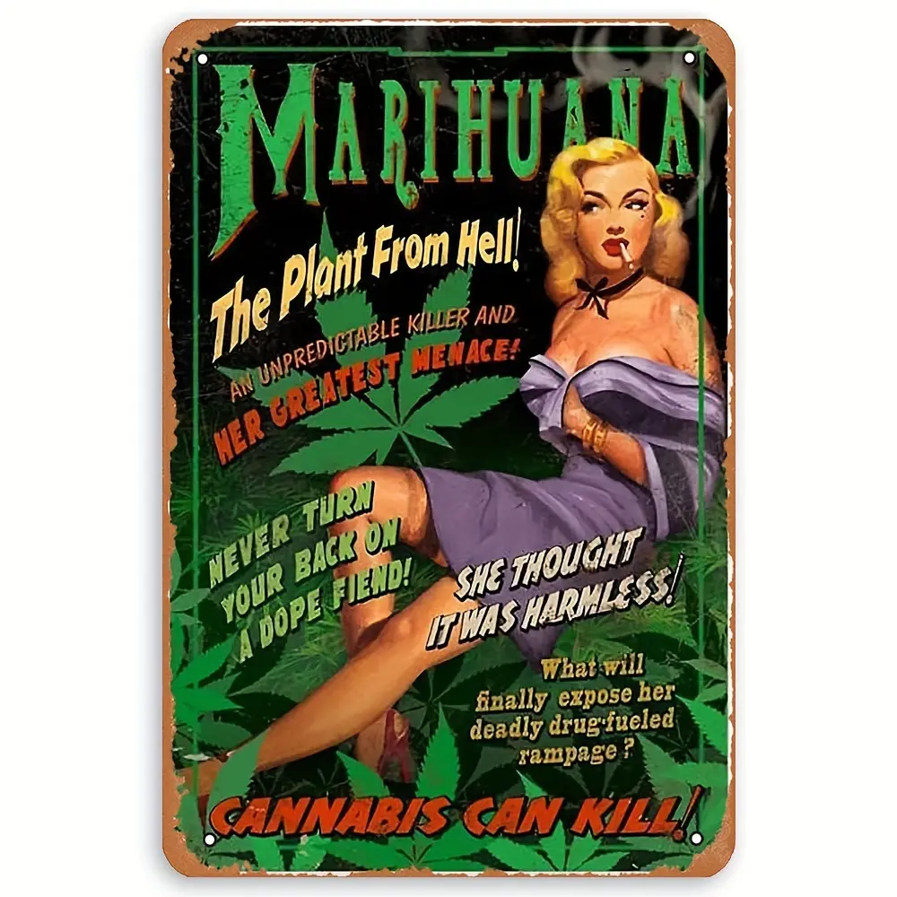 Vintage Reefer Madness Metallic Tin Sign Art - "Marihuana: The Plant From Hell" Charming Decor, High-Quality Iron Build, Retro Propaganda Design with Decorative Logos, Appealing Decor for Home Bar, Ideal Gift, Tin Sheet