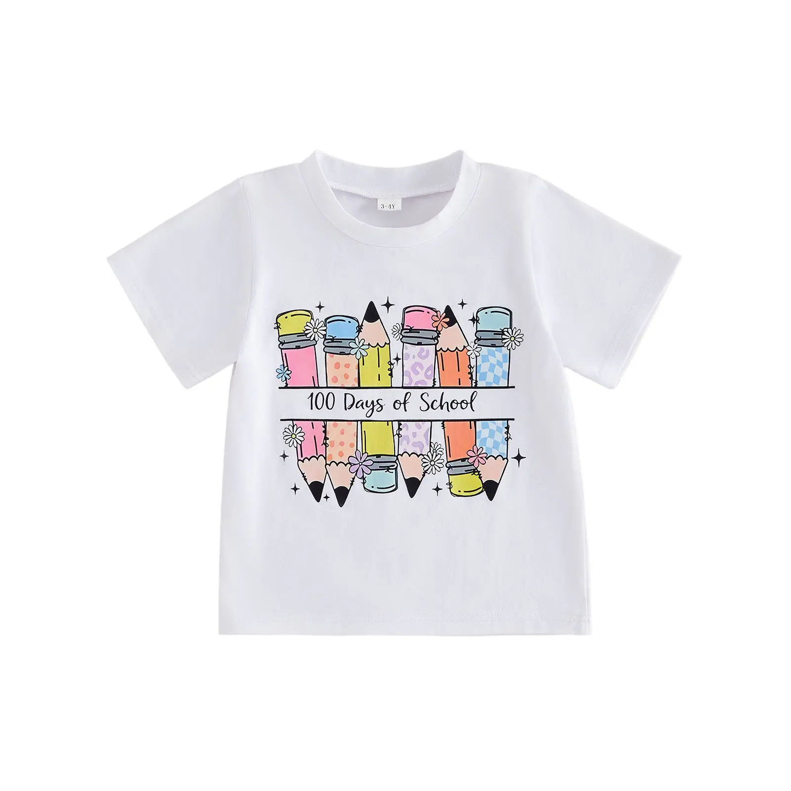 Toddler Baby Little Boy Girl 100 Days of School T-Shirt Colorful Pencil Graphic Short Sleeve Round Neck Tops 0-7 Years
