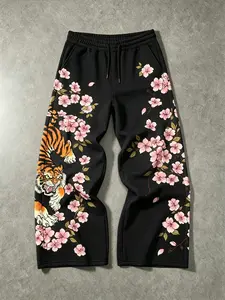 1 Piece Unisex Vintage Ukiyo-e Wide Leg Elastic Sweatpants, Tiger Cherry Blossom Floral Print Fitted Casual Pants for Streetwear & Sports Wear