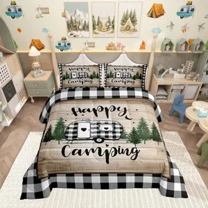 Happy Camping Comforter Set,Rustic Farmhouse Bedding Set,Kids Adults Teens Camper Comforter Luxury Vintage Wood Quilt Set,Room Decor