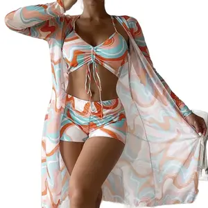 2024 New peach  Women 3 Pieces Swimsuit Wave Pattern Bikini Set+Long Sleeve Cover Up Holiday Beachwear Drawstring Swimwear Bathing Suit