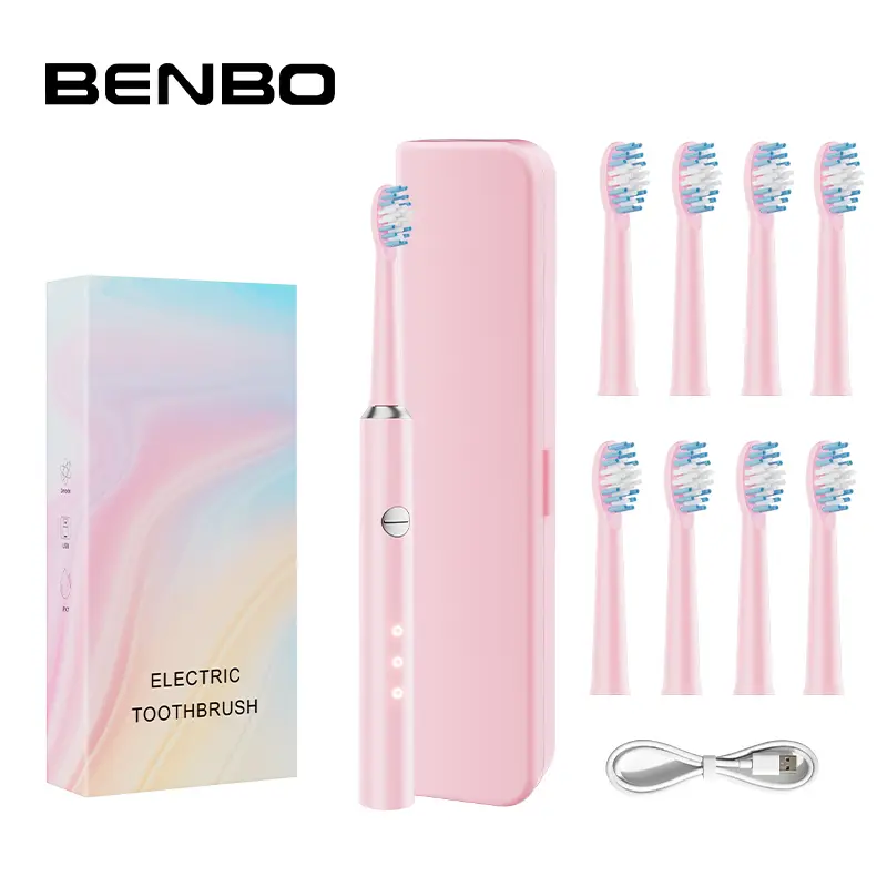 Adult Rechargeable Electric Toothbrush, Pink, with 8 DuPont Brush Heads, 3 Cleaning Modes, 3 Intensity Levels, IPX7 Waterproof, 30-Day Battery Life, Travel Case