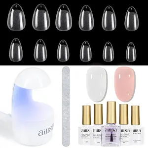 Gel Nail Kit Short Almond Nail Tips 240pcs with 2 In 1 Nail Glue Base Coat and Nail Dehydrator, Soft Gel Full Nail Kit with Nail Lamp Top Coat for Starters Home Salon