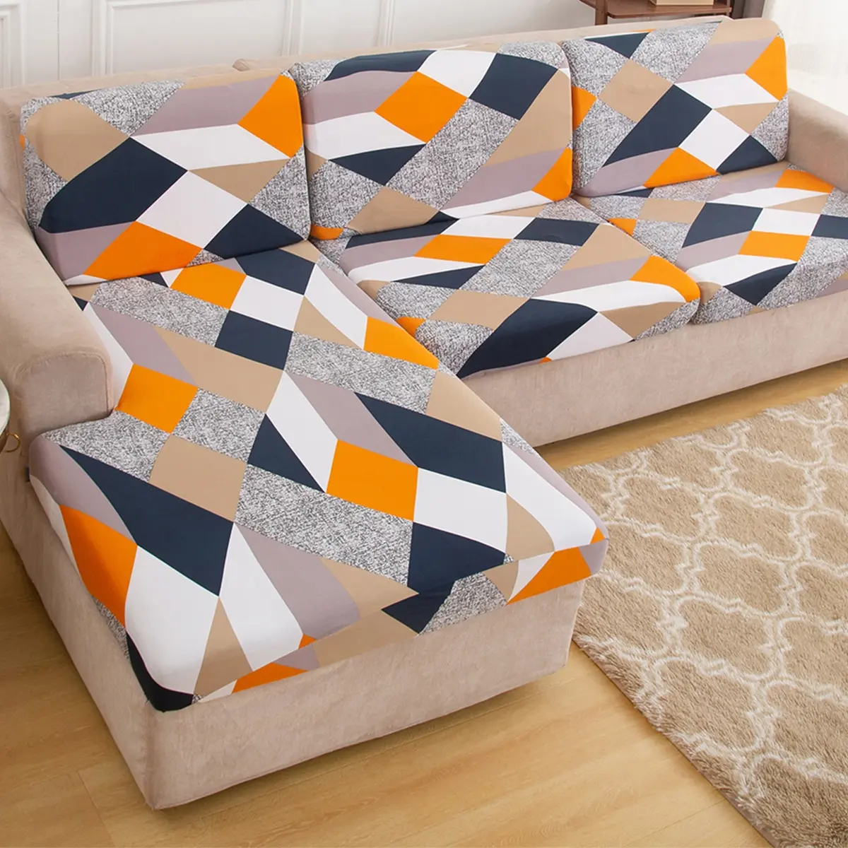 Stretchable L-Shaped Sofa Cushion Cover with Contemporary Geometric Pattern, Polyester and Spandex Blend for One Seater to Modular Sofas, Perfect Living Room Decor, Elastic Sofa Slipcover, Dustproof Sofa Slipcover, Stretch Polyester Spandex Couch Covers