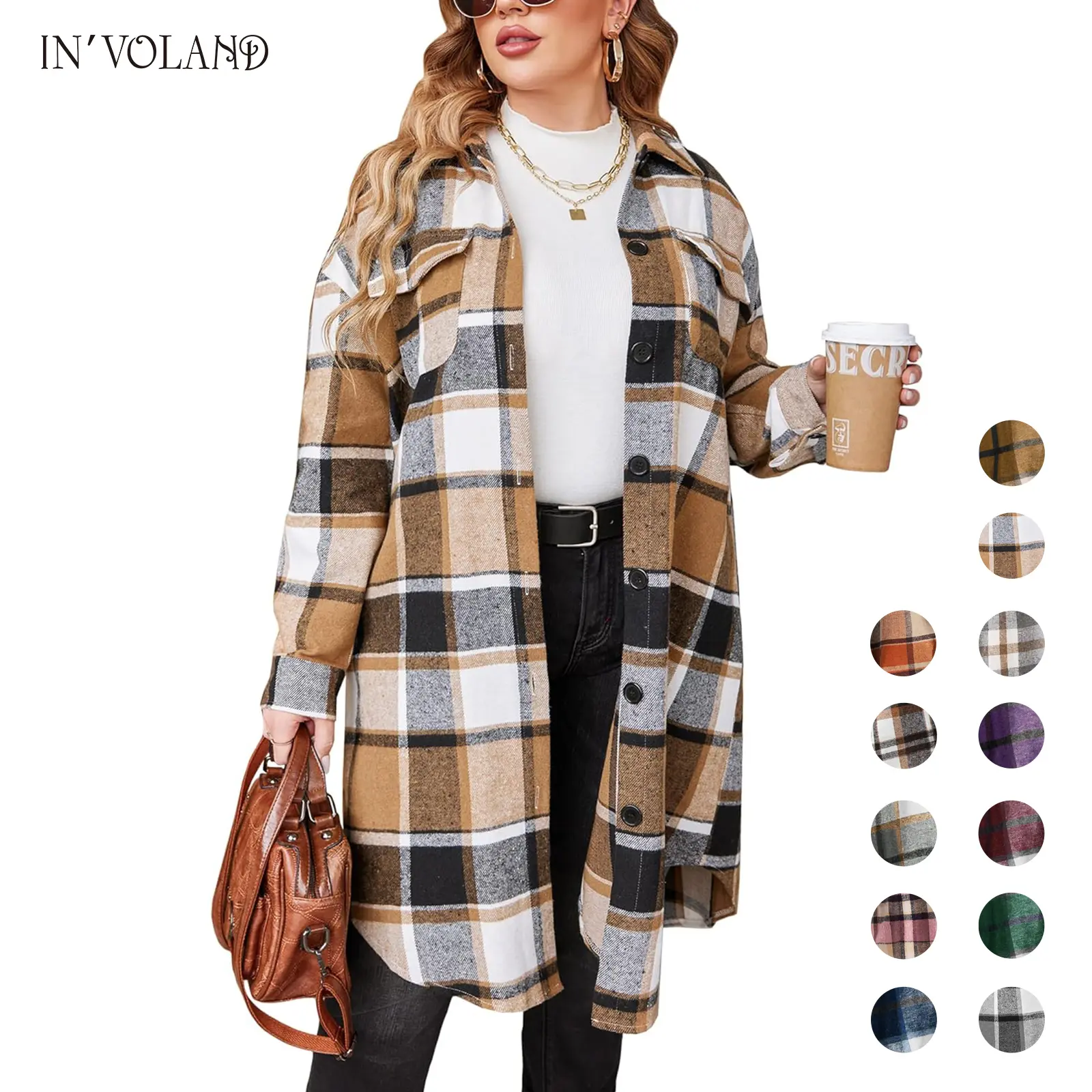 IN'VOLAND Womens Plus Size Flannel Plaid Shirts Long Sleeve Lounge Lapel Boyfriend Button Down Tartan Long Jacket Coats Fit Womenswear Fashion Check Classic fall check jacket shacket retro and chic