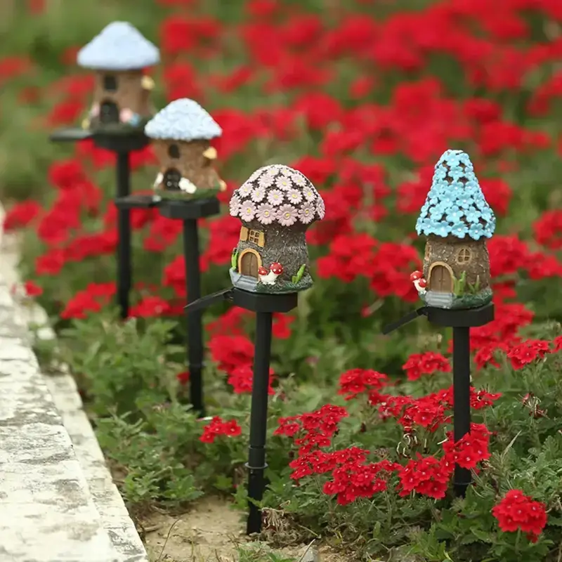 Resin Fairy House Shaped Waterproof Solar Path Lights, Exquisite Cottage Landscape Decor Energy-Saving Solar Lamps For Garden Yard Patio Summer Outdoor Styling