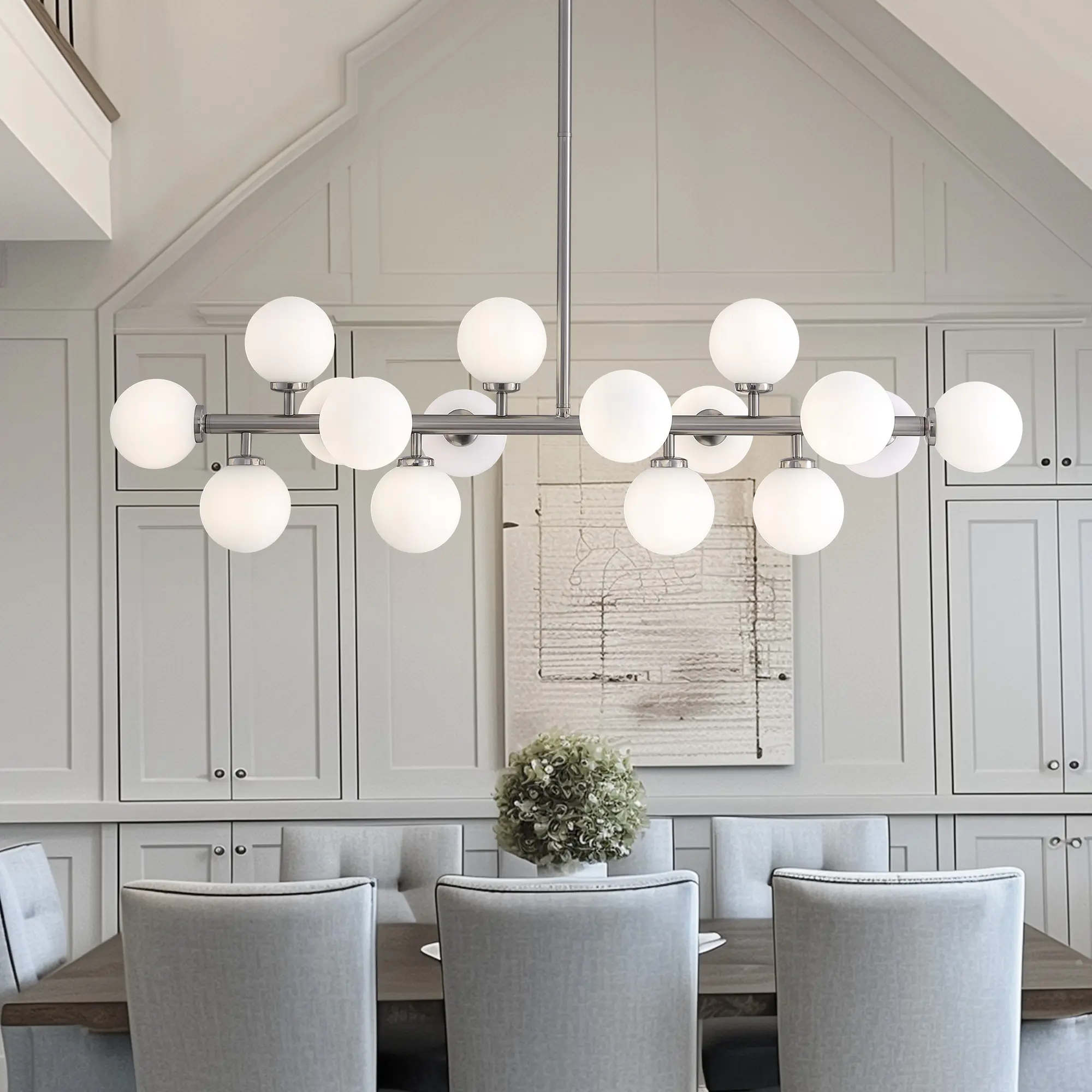 Brushed Nickel 16-Light Sputnik Chandelier - Mid Century Linear Pendant, Decorative Interior Lighting Fixture for Kitchen Island, Dining Room, Decorative Light, Interior Lights