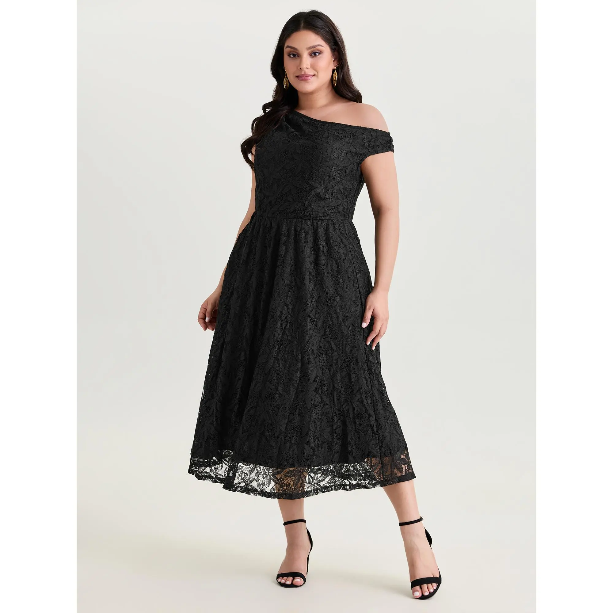 BLOOMCHIC Plus Size One-Shoulder Floral Lace Lined Midi Dress [M-6X]2026 Summer Vibes Swimweek, Fit Fabric,Summerfinds