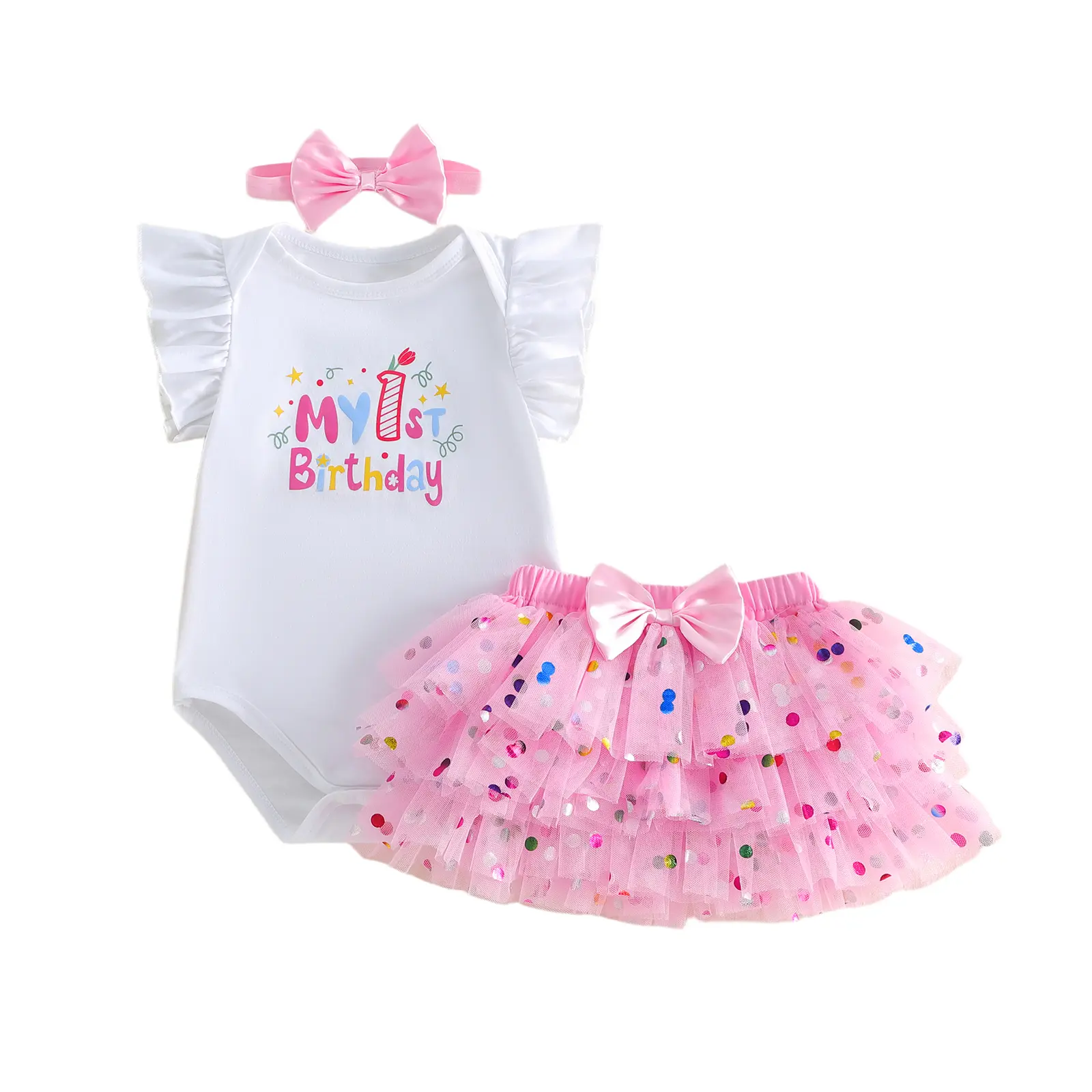 Infant Baby Girl First Birthday Outfit Candle Letter Print Flying Sleeve Romper Bow Tutu Skirt and Headband 3 Piece Set