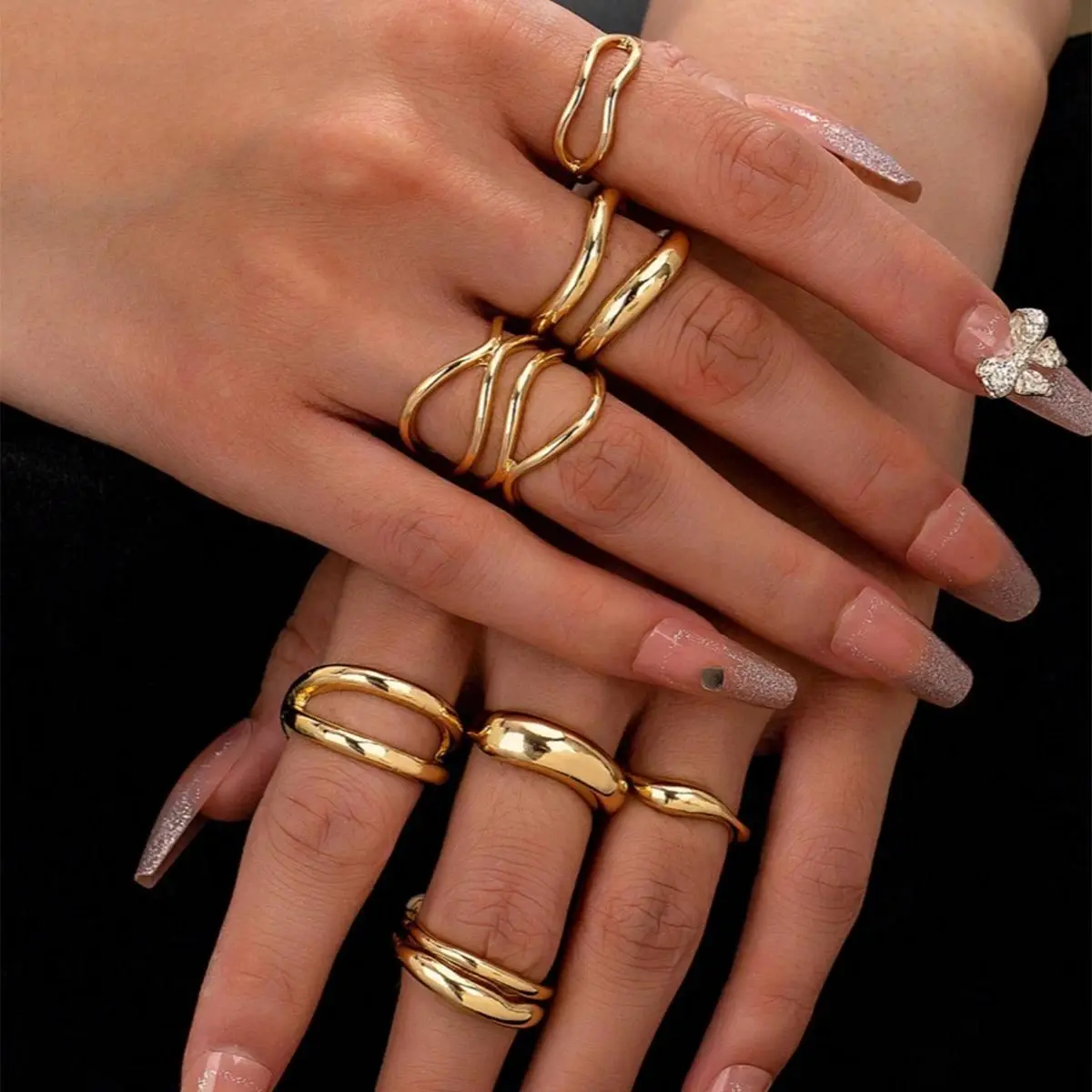 7Pcs/set Golden Colors Metal Chunky Rings Set For Women , Minimalist Crossing Rings , Women Stacked Stackable Minimalist Ring Jew