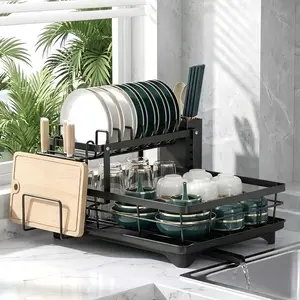 2-Tier Metal Dish Drying Rack, Suitable for Various Kitchen Countertops, Space-Saving and Durable, Comes with a Cutlery Holder, Cup Holder, and Rust-Proof Drip Tray, Helps Keep Your Kitchen Neat and Organized