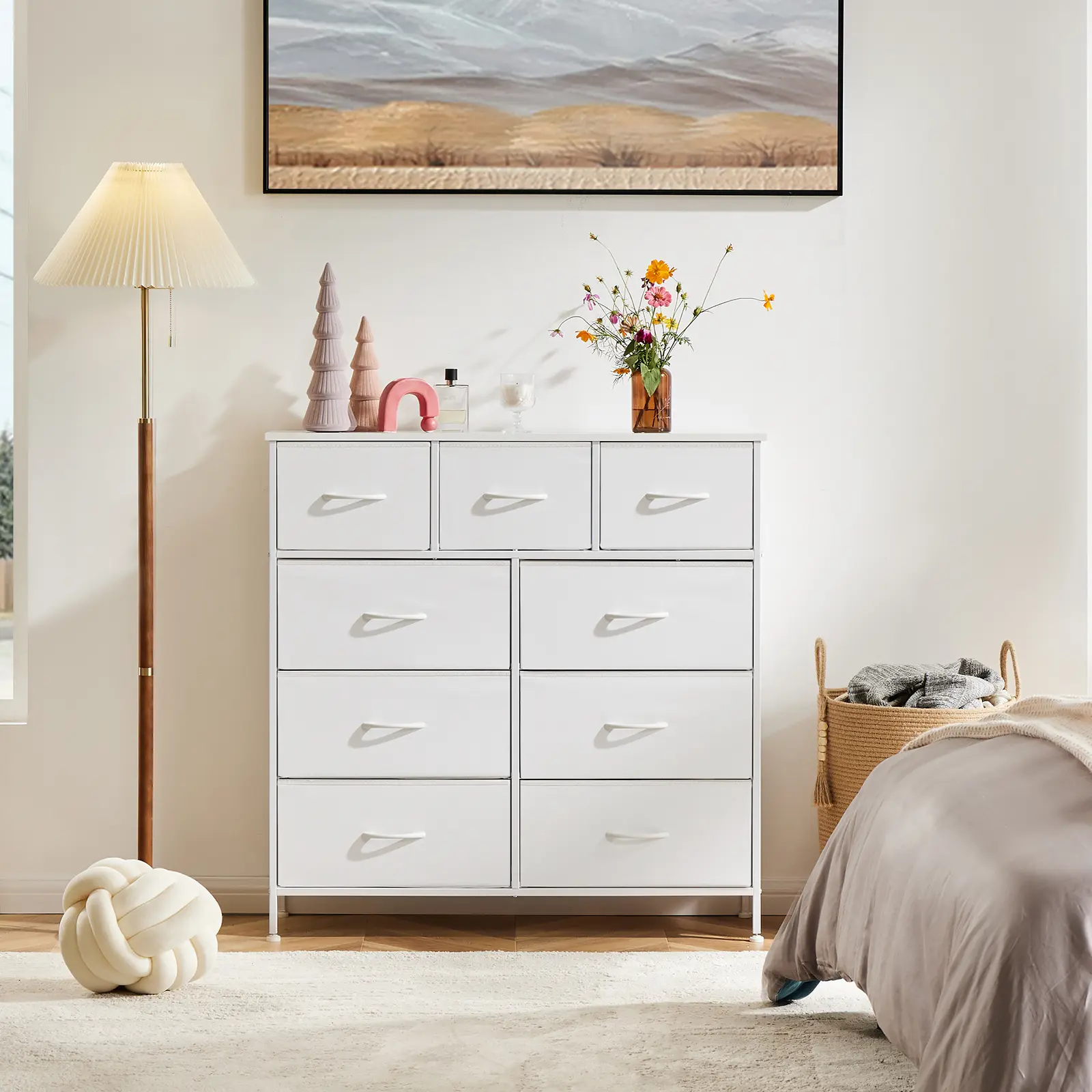 Fabric Storage Tower with 9 Drawers, Bedroom Drawer Dresser Organizer, Chest of Drawers with Fabric Bins, Steel Frame and Wooden Tabletop