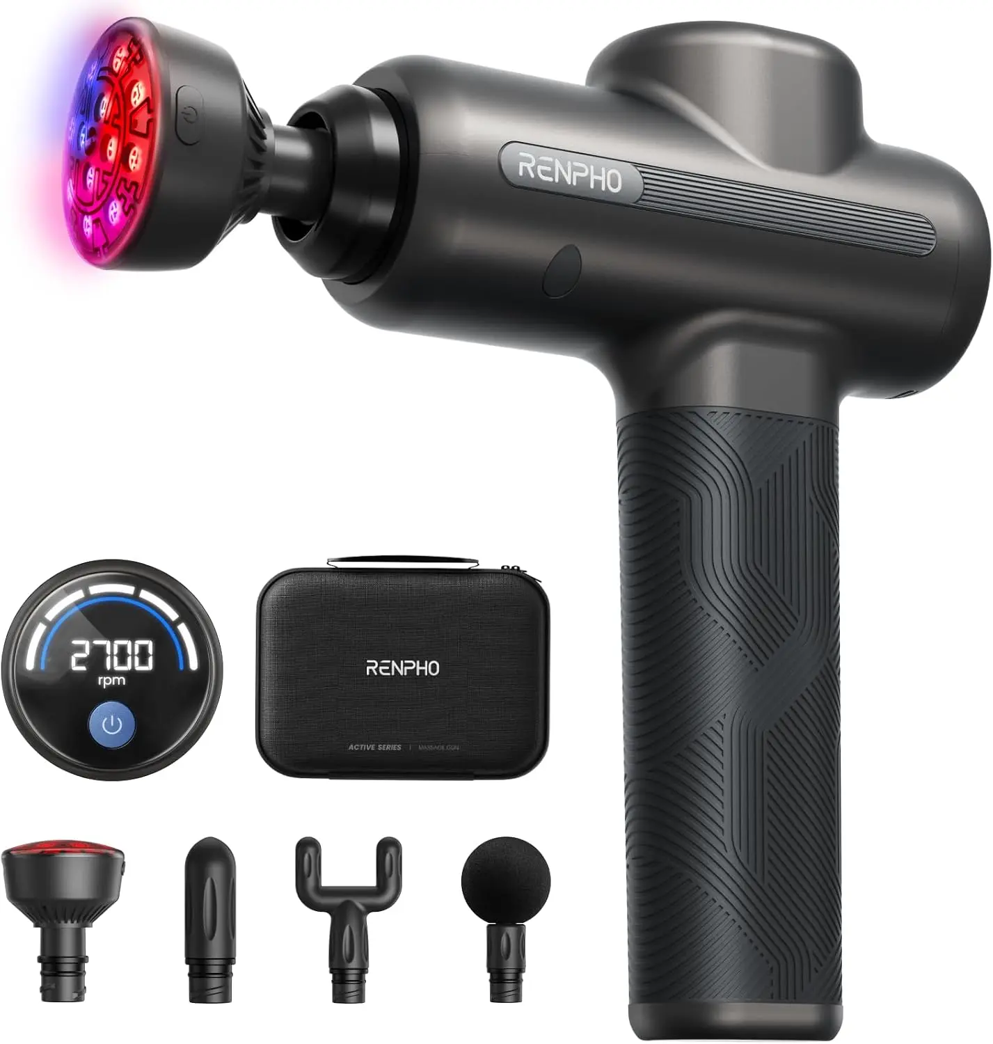 RENPHO Active 2 Red Deep Tissue Massage Gun - 850nm Infrared Heating, 3 Light Modes, 5 Speeds, Attachment, Travel Case - Portable Muscle Massager for Athletes to Adjust Settings & Soothe Tight Backs, Back Massagers Anywhere