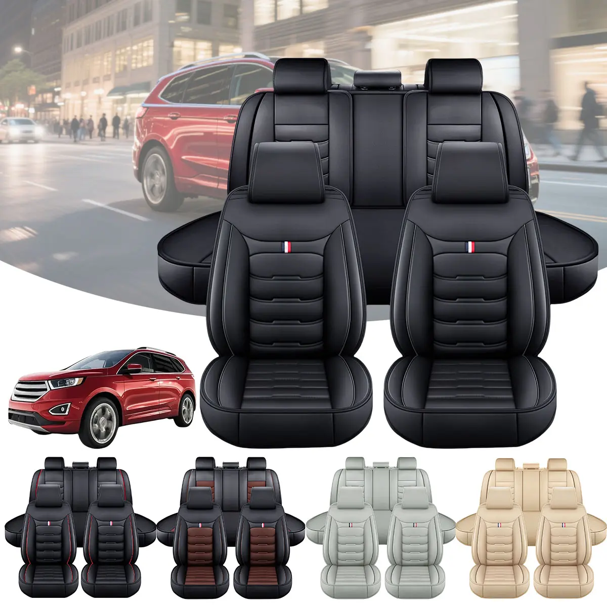 Fits For Ford Edge 2007-2022 Car 5 Seat Covers Full Set PU Leather Front Rear Cushion Protector Pad Mat, 4 Seasons Waterproof Breathable Non-Slip Easy Installation Seat Covers Protector Auto Accessories