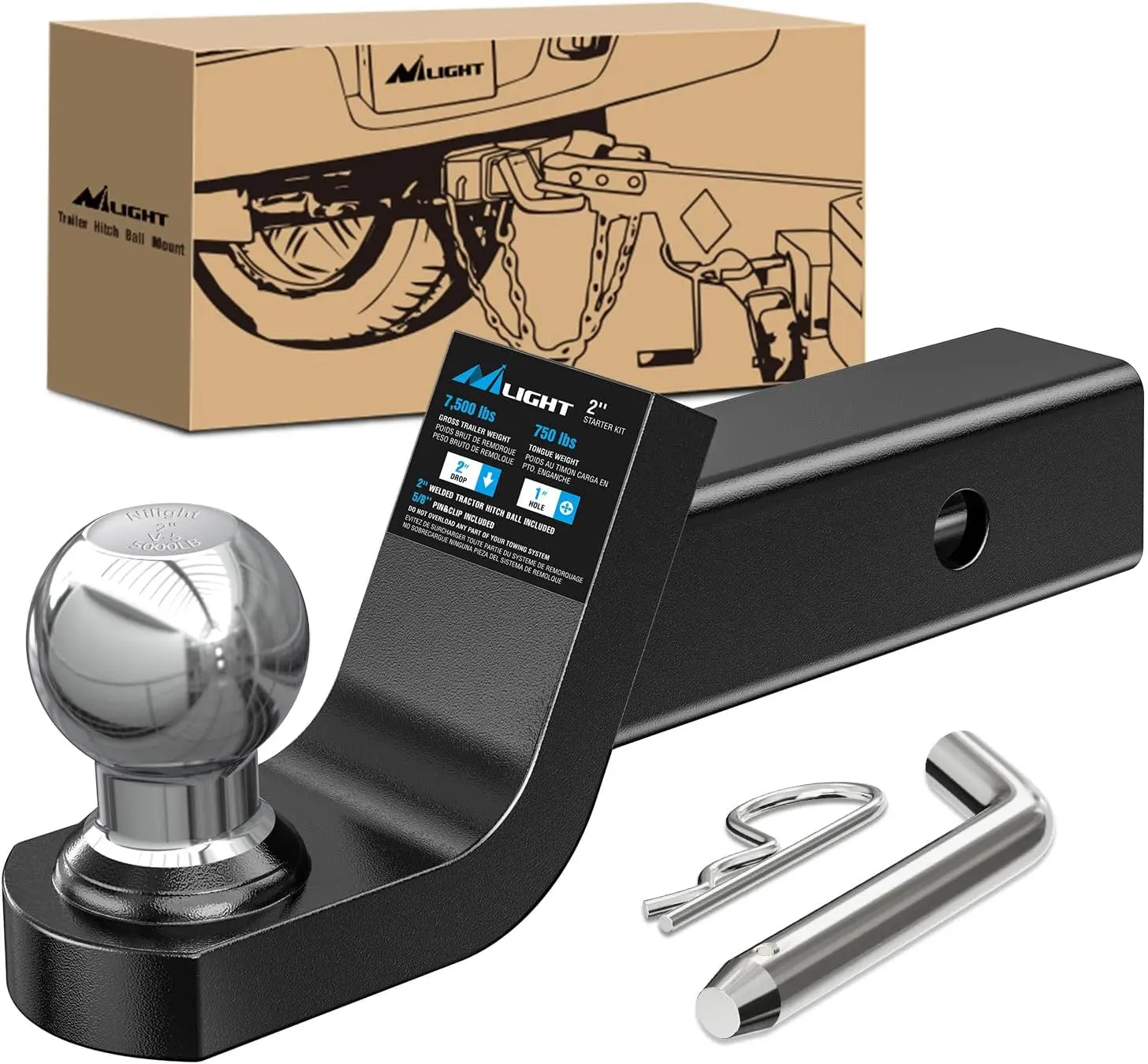 Nilight Fusion Trailer Hitch Mount with 2 Inch Trailer Ball & 5/8" Hitch Pin Clip Fits 2-Inch Receiver 7500 lbs 2" Drop, Hitch Kit