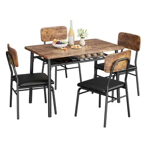 【GARVEE】5-Piece Dining Table Set for 4 with Storage Rack, Wood Kitchen Table with Upholstered Chairs Set of 4, Small Rectangular Table Set with Metal Legs Support, for Dining Room, Apartment, Brown