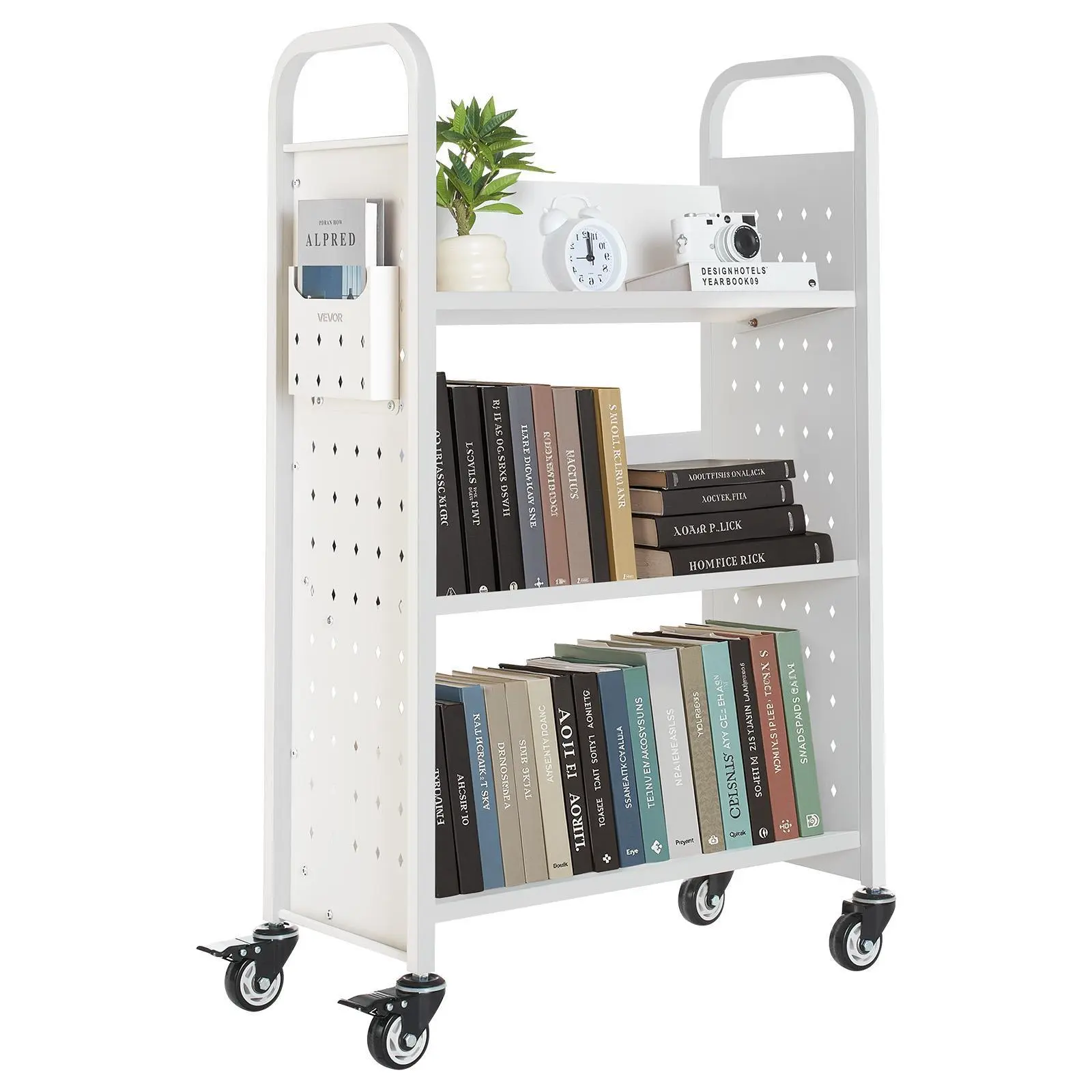 【SummerFinds】VEVOR Carbon Steel Rolling Library Book Cart, 330 lbs Capacity, 30.3x15x48.0-in Single-Sided V-Shaped Shelves, 3-in Lockable Wheels, Easy Installation Organiser with Racks for Home & Office, White, Shelf, Home Supplies, 3-Layer, Locking Wheel