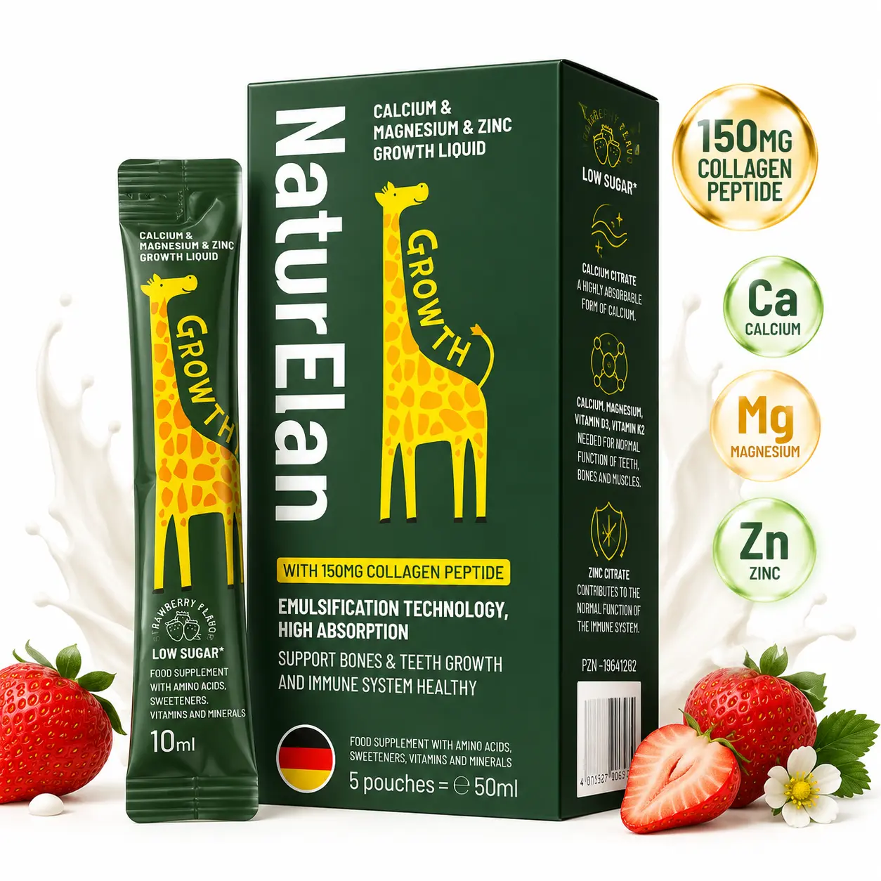 NaturElan Kids Calcium Magnesium Zinc Liquid 5 Sachets Trial Pack, Bone Support with D3 K2 Collagen Peptides, Strawberry Flavor