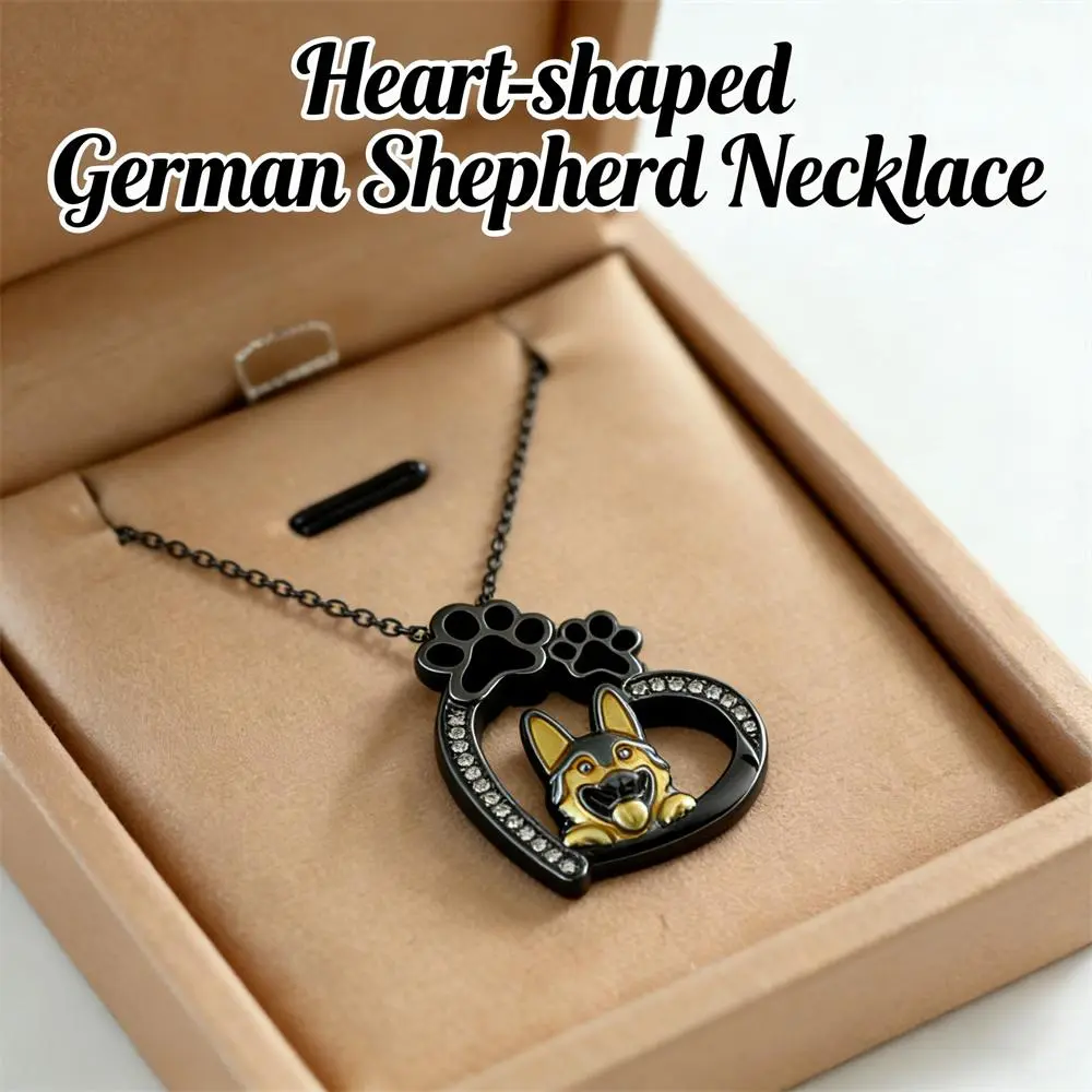 Women's Black Heart German Shepherd Necklace - Premium Zinc Alloy Paw Print Rhinestone Pendant, Animal-Themed Casual Daily Jewelry, Ideal Anniversary Holiday Birthday Gift for Pet Owners, Christmas, Geometric, One-Of-A-Kind Design