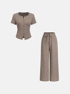 Women's 2-Piece Wide Leg Pants and Short Sleeve Striped Set, Casual Spring & Fall Long Sleeve Knit Cardigan, Perfect for Comfort and Style