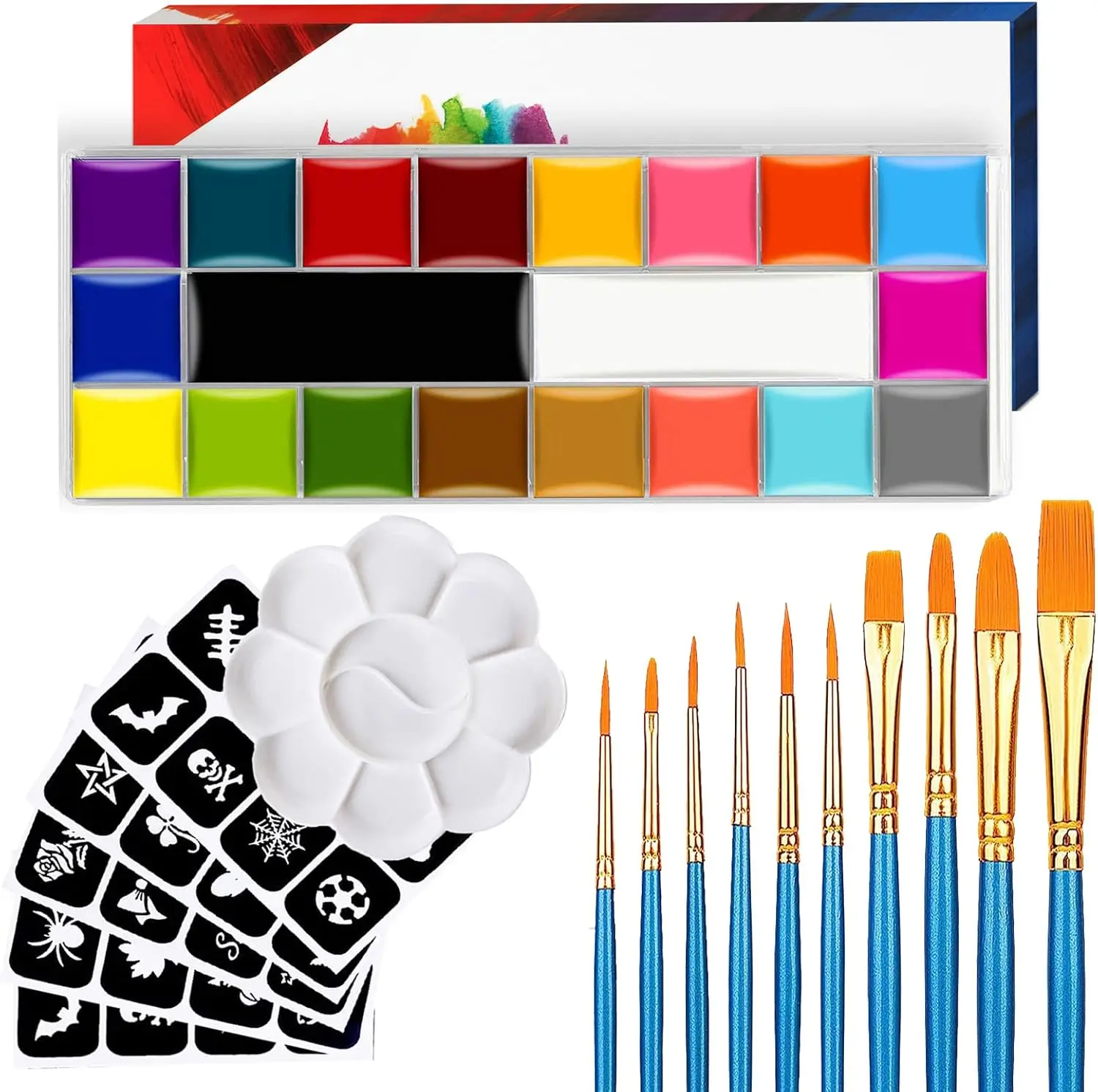 20-Color Face Paint Kit for Kids & Adults – Oil-Based Body Paint Set with 10 Brushes, 5 Stencils & Tray for Parties, Halloween & Cosplay Temporary Body Paint Body Makeup