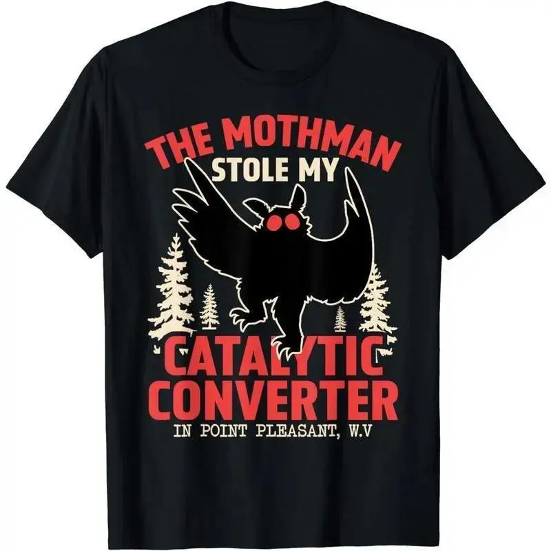 Men's Funny Mothman & Catalytic Converter Graphic T-Shirt - Casual Cryptid Short Sleeve 100% Cotton Streetwear Top, Shortsleeve, Casual Wear