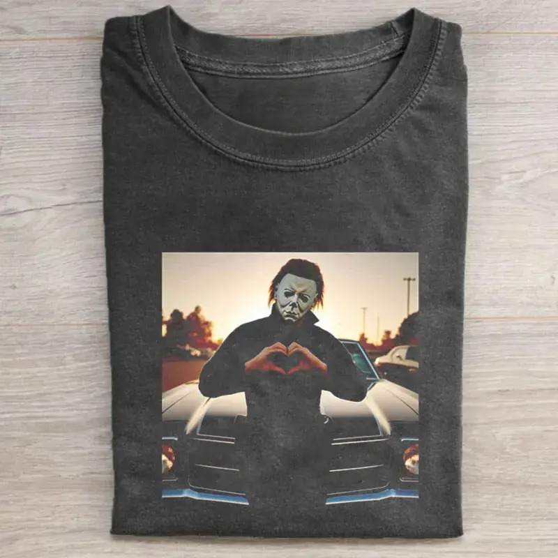 Gildan Women's Fitted Round Neck Halloween Shirts - Cute Printed Vintage Michael Myers Heart Hands Short-Sleeve Cotton Top, Lightweight, Expandable, Machine Washable, Cold Wash Only, No Bleach/No Iron, Easy Layering