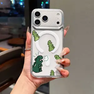 Dinosaur Cartoon Cute Illustration Style Pattern Magsafe Phone Case Compatible with iPhone 17 Pro Max Air 16 16e 15 14 Plus 13 12 11 X XS Magnetic Hard Acrylic Back Soft TPU Edge Shock-resistant Cover Valentine's Day Gift 2D printing