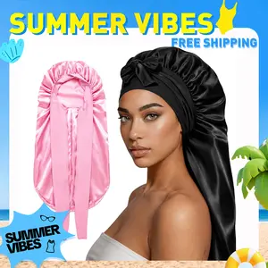 【SUMMER VIBES】2 Count Satin Braid Bonnet for Women - Large Silk Sleep Cap with Stretchy Tie Band for Braids Soft Haircare Elastic Heatless Winter‘s giftforher