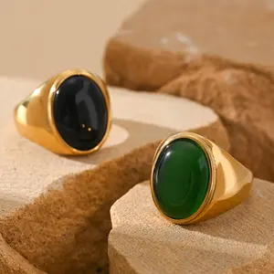 Men's Stainless Steel Oval Ring - Vintage Court Style Light Luxury Costume Jewelry with Gold Zircon Accent, Multi-Size for Daily Wear, Gatherings