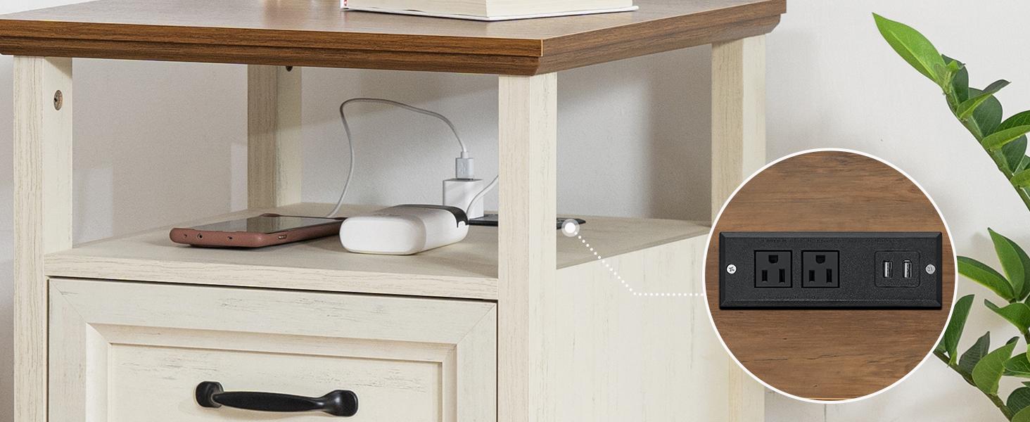 HOMMPA 18'' Farmhouse Nightstand with Charging Station, Bedside Tables with Open Shelf, 2 Drawers End Table Dresser Side Table, Wood Night Stand for Bedroom, Rustic White HOMMPA 18'' Farmhouse Nightstand with Charging Station, Bedside Tables with Open Shelf, 2 Drawers End Table Dresser Side Table, Wood Night Stand for Bedroom, Rustic White