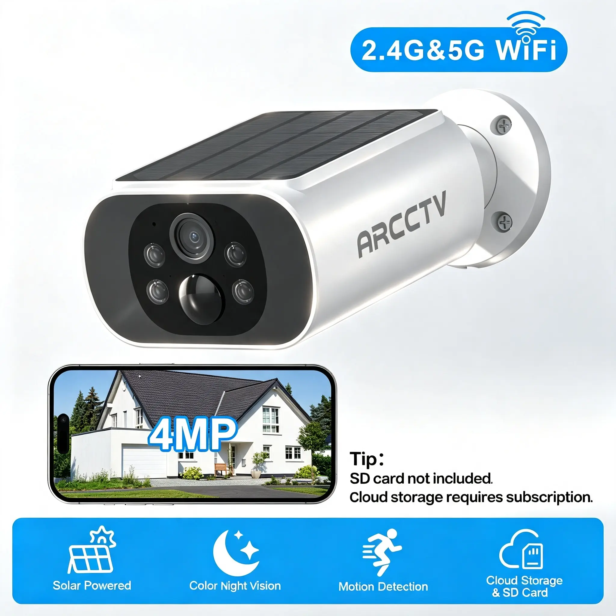 ARCCTV APP Solar Security Camera Outdoor Wireless,2.4G/5G Dual Band WiFi,4MP Battery Home Surveillance Camera,2 Way Audio,PIR Motion Detection,IP65 Waterproof