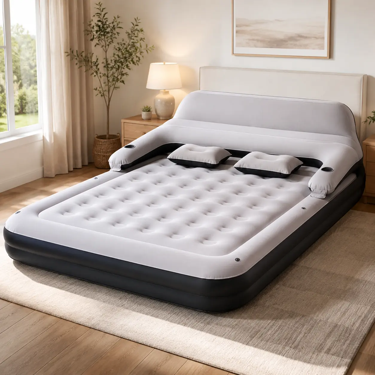 Double-Size Inflatable Airbed with Included Pillow, Blow Up Bed, Portable Camping Sleeping Gear for Outdoor Use & Guest Rooms
