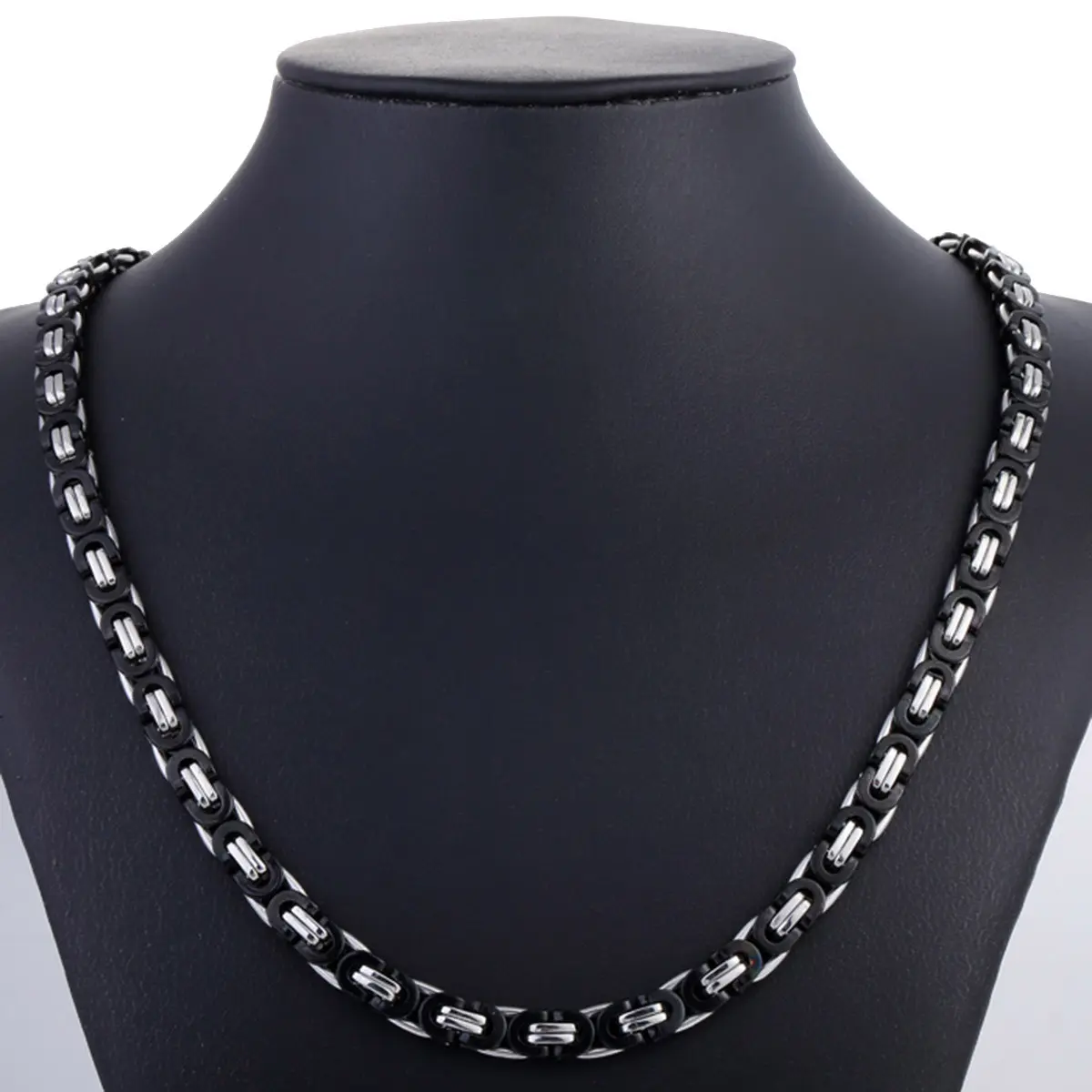 Hermah 7mm Black Silver Color Stainless Steel Flat Byzantine Chain Necklace for Men Female Link Jewelry Birthday Valentine Gift