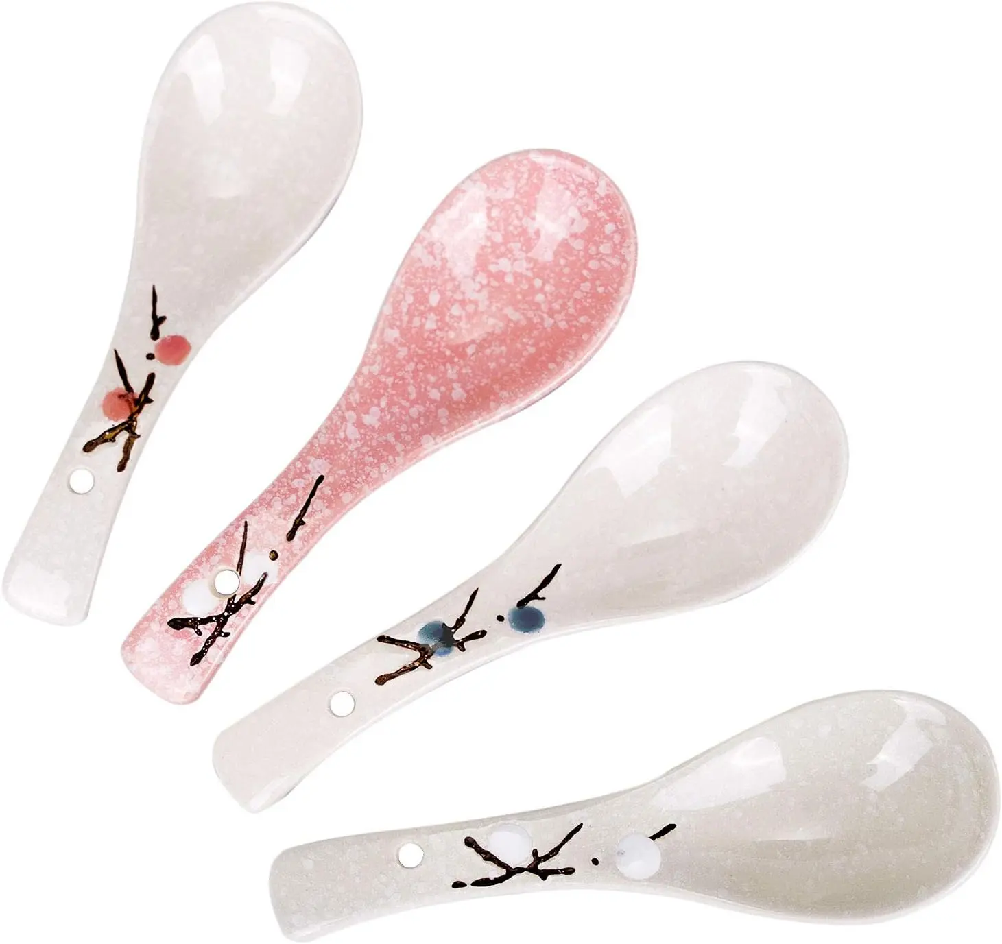 Set of 4 Chinese/ Ceramic Soup Spoons,  Cherry Blossom in Snow  Ceramic Spoon Suitable for Soup