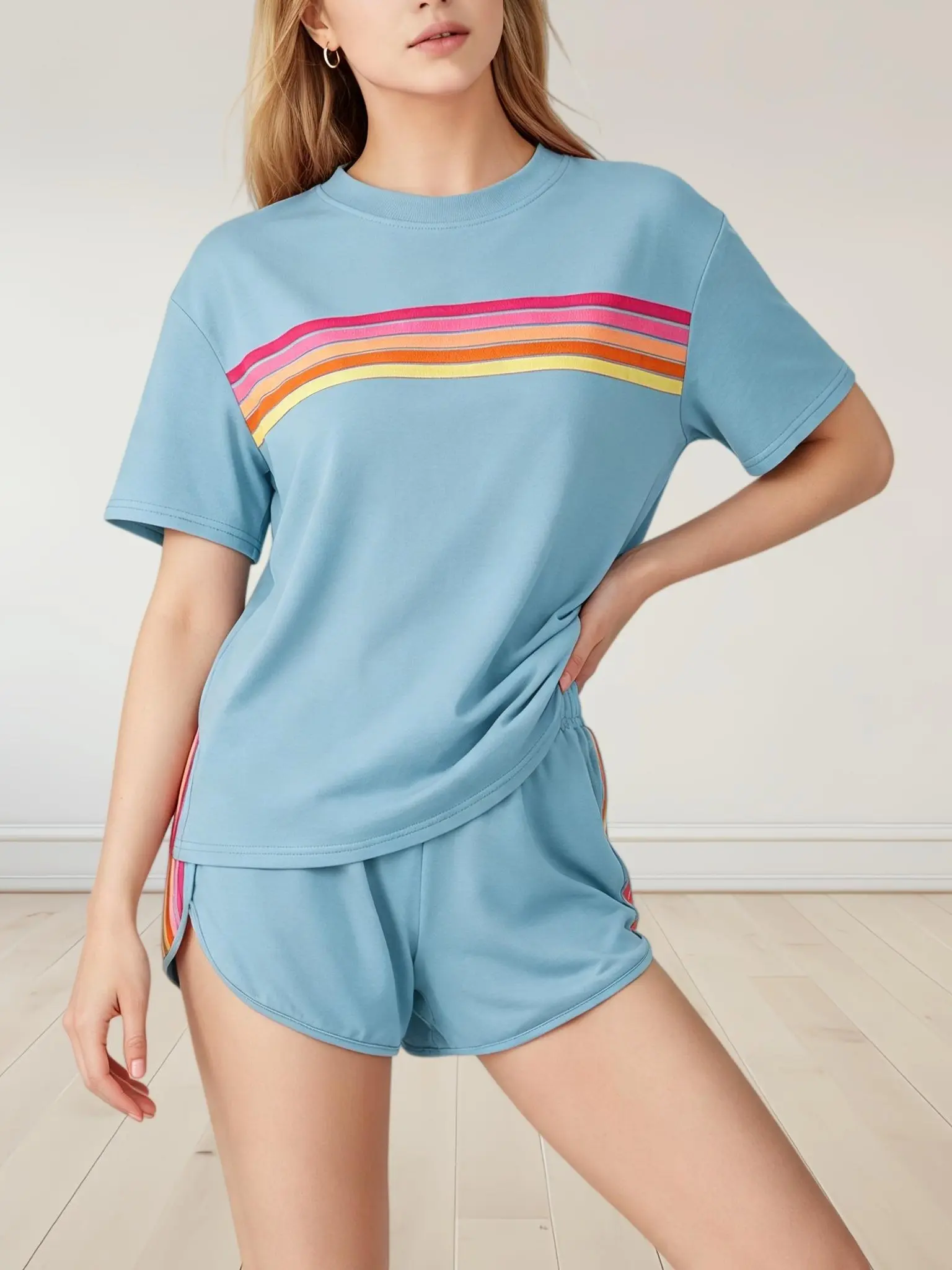 Women's 2-Piece Colorful Rainbow Color Block Comfortable Sweatsuit Set with pocket- Lightweight Polyester Fabric, Loose Fit, Stylish Casual Top & Shortsleeve Bottom, Everyday Wear Trendy Womenswear Outfit