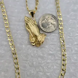 PRAYING HANDS  BIG PENDANT gold-plated necklace fashion style Cuban link chain 24"inches