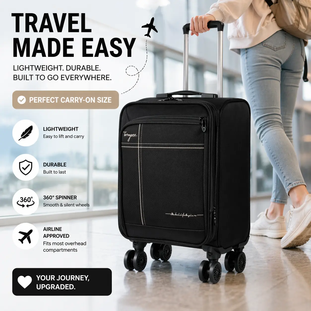 Softside Carry on Luggage Airline Approved, 17 Inch Underseat Carry-on Luggage with Removable Spinner Wheels, Small Personal Item Suitcase for Travel Business (Black, 17 inch_Underseat)
